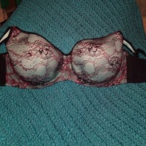 40G Cacique blue bra with black & red lace overlay